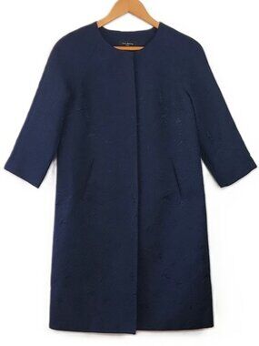 Talbots Navy Collarless 3/4 Sleeve Textured Trench Coat Blazer 4P Snap Buttons